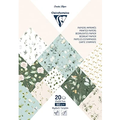 Image of Clairefontaine 95545C Pad of 20 Sheets with Romantic Patterns A4 Format (21x29.7cm) 160g + Alphabet Stickers Creative Idea Leisure Scrapbooking Paper