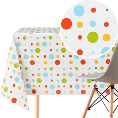 Image of KP HOME White PVC Table Cloth Wipe Clean Tablecloth Oilcloth in Colorful Polka Dots Print 300x140 Rectangle 10 Seats Wipeable Waterproof Plastic Cover Children Vinyl Dining 118x55