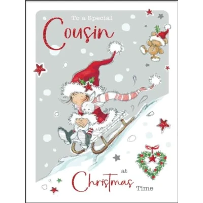 Image of Cousin Christmas Card for Her Special Girl Sledging in the Snow Artistic Festive Design Finishes and Illustrated Insert Leaf Made UK