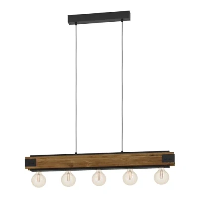 Image of EGLO Layham hanging light, black/light wood, length 96 cm, 5 bulb.