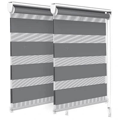 Image of VOUNOT Set of 2 Zebra Roller Blind Double Fabric, Day and Night Translucent or Blackout Vision Curtains, No Drilling for Window Door, Grey, 55 x 150 cm