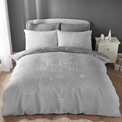 Image of Catherine Lansfield A Lot Like Christmas Reversible Single Duvet Cover Set with Pillowcase Grey