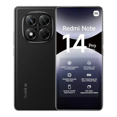 Image of Xiaomi Redmi Note 14 pro 5G smartphone, 8+256GB, Black, 200MP grade AI camera, IP68, 45W turbo charging with 5110mAh battery, features (no charger included), 2 year Warranty