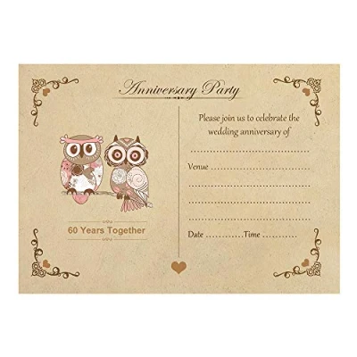 Image of Artstore Vintage Owls 60th Wedding Anniversary Invitations With Brown Kraft Envelopes Pack of 20