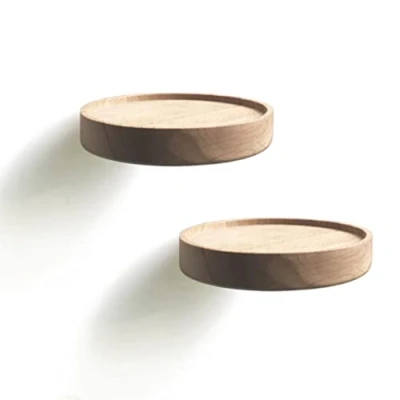 Image of anaan Coracle Floating Shelf wood round Wall Mounted Showcase Hanging Planter Storage Wooden for plants photo candle Invisible Decoration Design Set of 2 (Diameter Ø4.7 inch)