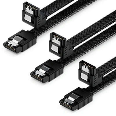 Image of deleyCON 3x 50cm (1.64 ft.) SATA 3 Nylon Cable Set Data 6 Gbit/s Connector Connection Main Board HDD SSD Hard Drive 1 S ATA 90 Angled Black