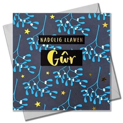 Image of Welsh Christmas Card, Gwr, Husband Blue Mistletoe, text foiled in shiny gold