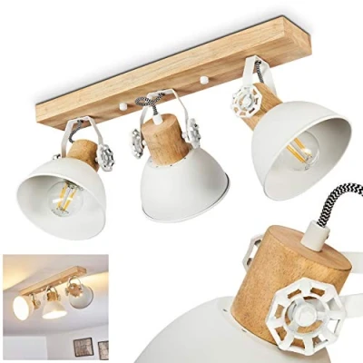Image of Orny Ceiling Light, Metal/Wood lamp in White/Brown, 3 Flame, with Adjustable spotlights, x E27 Socket, Retro/Vintage Design Spotlight, Bulbs not Included