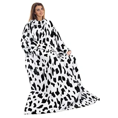 Image of Catalonia Classy Cow Print Wearable Snuggle Blanket with Sleeves and Pocket, Soft Cosy Fleece Slankets for Women Fluffy Plush Throws Winter TV Sofa Couch 185 x 130 cm