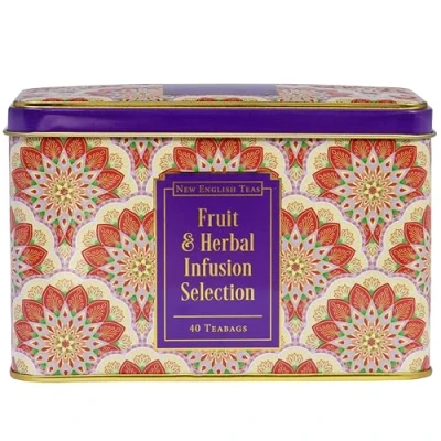 Image of New English Teas Fruit &amp; Herbal Tea Caddy with 40 Infusion Teabags Rosehip, Hibiscus, Peppermint, Camomile, Black Lemon Ginger
