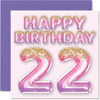 Image of 22nd Birthday Card for Women Pink &amp; Purple Glitter Balloons Happy Cards 22 Year Old Woman Daughter Sister Auntie Cousin, 145mm x Twenty Two Second Greeting Gift