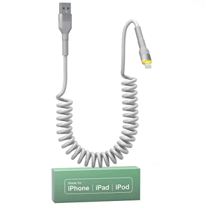 Image of Coiled iPhone Lightning Cable Apple Carplay MFi Certified, Retractable Car Play Cord with Data Sync and LED, Short Charger for iPhone/Pad/Pod, White