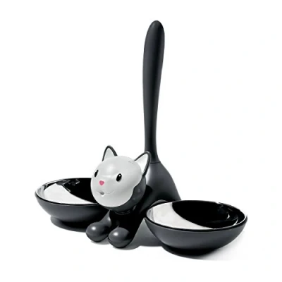 Image of Alessi Tigrito AMMI09 B Design Cat Bowl, 18/10 Stainless Steel and Thermoplastic Resin, Black