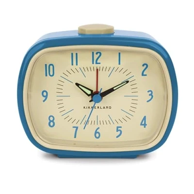 Image of Kikkerland Retro Style Alarm Clock, Desktop Nightstand Bedside Office Battery Operated, Beeping Alarm, Glow in Dark Hands, Blue