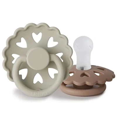 Image of FRIGG Fairytale Silicone Pacifier Pack of 2 Soother Dummy BPA Free Made in Denmark Symmetrical Cherry Shaped Nipple (Silky Satin/Willow Grey (0 6 Months))