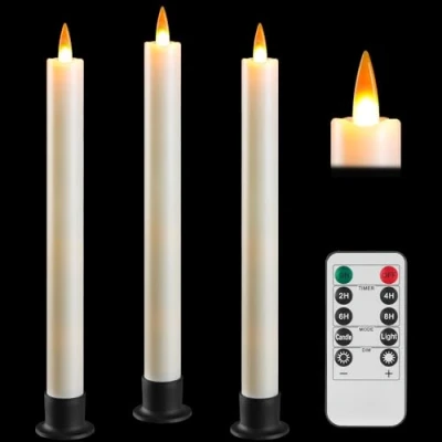Image of Da by LED Flameless Cone Candle with Remote Timer, 3 pcs Ivory White Battery Powered 3D Flickering False Flame Window