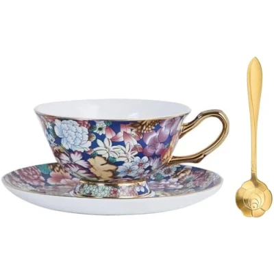 Image of YBK Tech Cup&amp; Saucer Set Bone China Tea Coffee Cup for Breakfast Afternoon Floral Pattern (Multicolor)