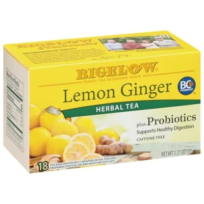 Image of Bigelow Lemon Ginger Herb Plus Probiotics Tea Caffeine Free 18 Individually Wrapped Bags