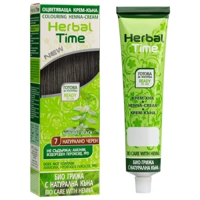 Image of Herbal Time Henna Natural Cream Color Black Nº 7 Coloring with Nettle Extract Gray Hair Cover Temporary Dye Ammonia Free, Sulfates Parabens Free 75 ml