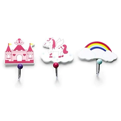 Image of Mousehouse Gifts Set of Three Children&#039;s Kids Unicorn Themed Single Wooden Coat Hooks Wall