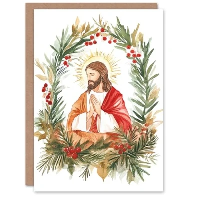 Image of Artery8 Jesus Christ Pine Leaf Holly Wreath Blank For Him Or Her Art Xmas Festive Christmas Card