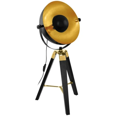 Image of EGLO Covaleda Tripod Table Lamp, Wood and Steel Coloured in Brass, Black Gold Vintage Bedside Light, Industrial Living Room Lighting With Switch, E27 Socket