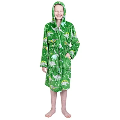 Image of Kids Soft Fleece Bathrobe Hooded Warm Dressing Gown Flannel Bath Robe Boys Girls, 4 5 Years, Dinosaur