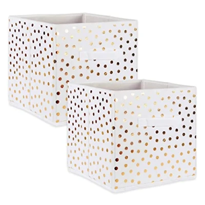 Image of DII Non Woven Storage Collection Polka Dot Collapsible Bin Small Set, 11x11x11&quot; Cube, White &amp; Gold, 2 Piece