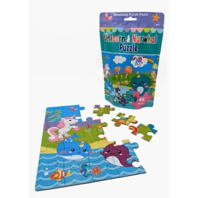Image of Alligator Products Unicorn and Narwhal Jigsaw Puzzle Resealable Pouch 48 Piece Compact Travel for Kids Party Bag Fillers, Fillers Unisex, Gifts Girls