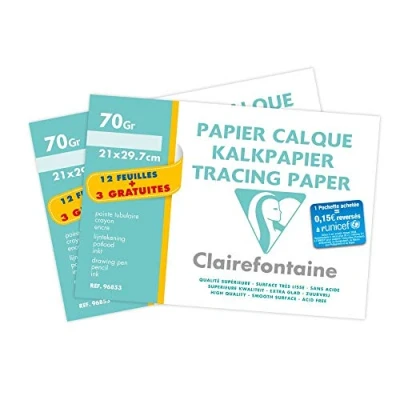 Image of Clairefontaine Ref 196853AMZC Tracing Paper Packs (15 Sheets per Pack / 2 Packs) A4 (210 x 297mm), 70/75gsm Suiable for Pencils &amp; Markers