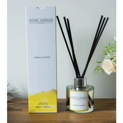 Image of Amber &amp; Vetiver Reed Diffuser Clyde Candles, Luxury Oil with a set of 7 Fibre Sticks, 100ml, Best Aroma Scent for Home, Kitchen, Living Room, Bathroom. Fragrance Diffusers sticks