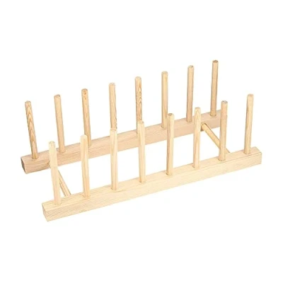 Image of JUHONNZ Plate Rack,Wooden Stand 7 Slots Pot Lid Holder Wood Dish Racks Drainer Rack for Kitchen Cupboard Organizer Bowl Cup Book