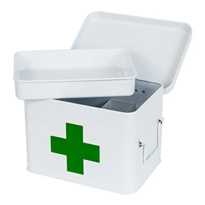 Image of HMF Metal Home Pharmacy Chest for Medicine Storage 22.5 x 16.5 15.5 cm White