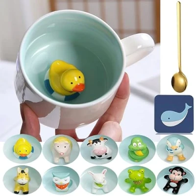 Image of Animal Coffee Mugs with Duck Cute 12 OZ Inside Cups Tea Handle Ceramic Funny Spoon Gift for Women Friends Mug Birthday