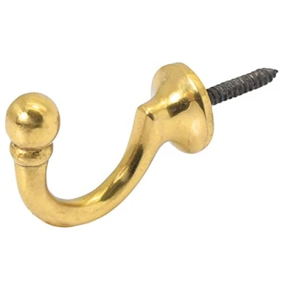 Image of Large Polished Brass Curtain Tie Back 50mm Ball End Screw In Metal Hook