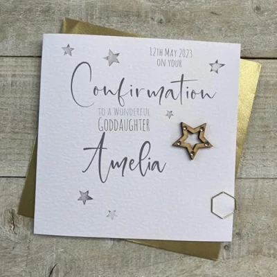 Image of WHITE COTTON CARDS PERSONALISED CONFIRMATION CARD. GODDAUGHTER. ANY RELATION. SILVER WOODEN STAR DESIGN. Handmade (P22 68 GODD &amp; XP22 GODD)