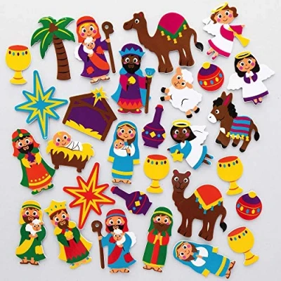 Image of Baker Ross AX499 Nativity Foam Stickers Pack of 200, Kids Stickers, Ideal for Christmas Crafts and Art Projects, Cards, Party Bags, Decorations