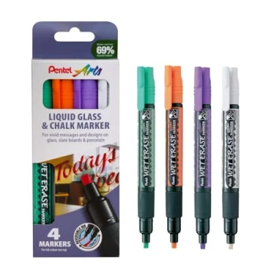 Image of Pentel Wet Erase Chalk Marker Medium Tip Assorted Colours (Pack of 4 Green, Orange, Purple, White)