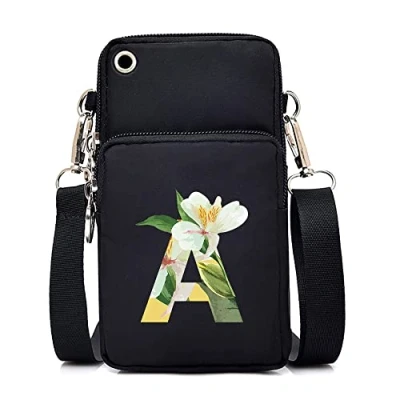 Image of FINDING CASE initial letter Printed Women Girls men Zipper Waterproof Nylon 3 Layers Crossbody Bags Wallet Cellphone Purse Shoulder Bag Wristlet Handbags Adjustable Strap (floral A)