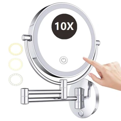 Image of REWIS 8 Inch Hard Wired Wall Mounted LED Lighted Makeup Vanity Mirror with Touch Screen Dimmable, Dual Sided Rotatable 10X Magnifying Cosmetic Beauty Mirror, Bathroom HD Shaving Mirror,Silver,3Color