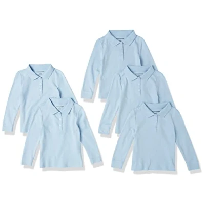 Image of Amazon Essentials Girls&#039; Long Sleeve Interlock Polo Shirts, Pack of 5, Light Blue, 10 Years