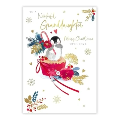 Image of Granddaughter Christmas Card Wonderful Baby Penguin and Snowflakes Artistic Festive Design Special Finish Made in the UK Eco Friendly