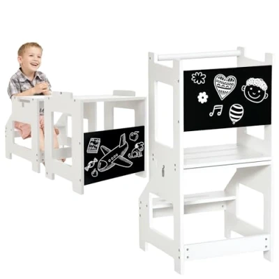 Image of HOMCOM 2 in 1 Kids Kitchen Step Stool with Safety Rail Toddler Steps Chalkboard for Bathroom, White