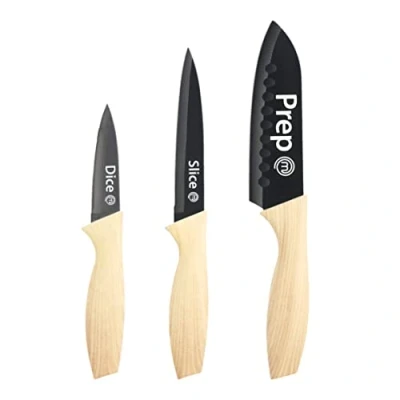 Image of MasterChef Knife Set of 3 Kitchen Knives (Chef, Paring &amp; Utility) Professional, Extra Sharp, Stainless Steel Blades With Non Stick Coating Wood Look Soft Touch Grip, Natural Collection Piece