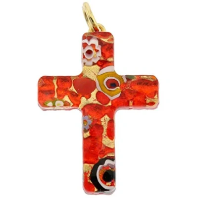 Image of GlassOfVenice Murano Glass Venetian Reflections Cross Pendant Red Gold