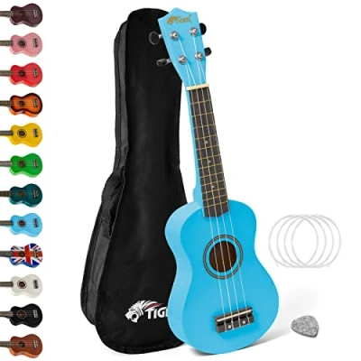 Image of Soprano Ukulele Ukelele for Kids includes Gig Bag, Felt Pick, Spare Strings Blue TIGER UKE7 BL