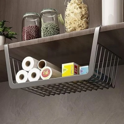 Image of 2 Pack Under Shelf Storage Basket, Hanging Baskets, Metal Wire Basket Shelves for Kitchen, Office, Pantry, Bathroom, grey