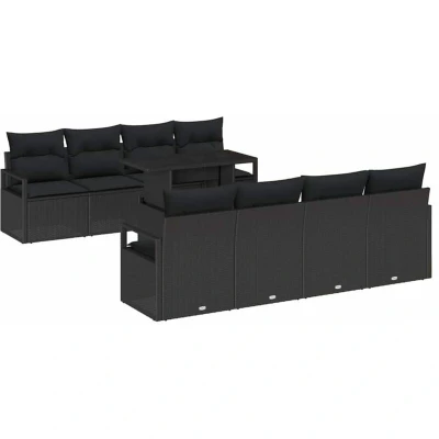Image of vidaXL 9 Piece Garden Sofa Set with Cushions Black Poly Rattan