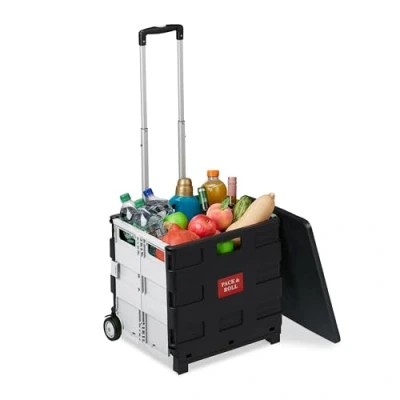 Image of Relaxdays Shopping Trolley, Foldable, Wheels, Lid &amp; Telescopic Handle, up to 35kg, Cart, Basket, Black/White, 98 x 44 38 cm