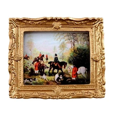 Image of Melody Jane Dolls House Miniature Accessory The Hunt Scene Picture Painting Gold Frame